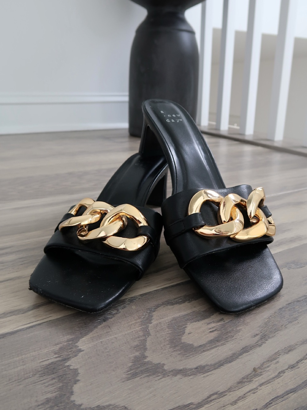 A New Day Black Heeled Mules Gold Chain Square Toe Sandals Size 8